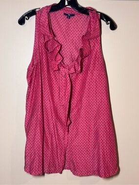 Sleeveless Ruffle Front Blouse in Salmon Pink with Navy Dot Print